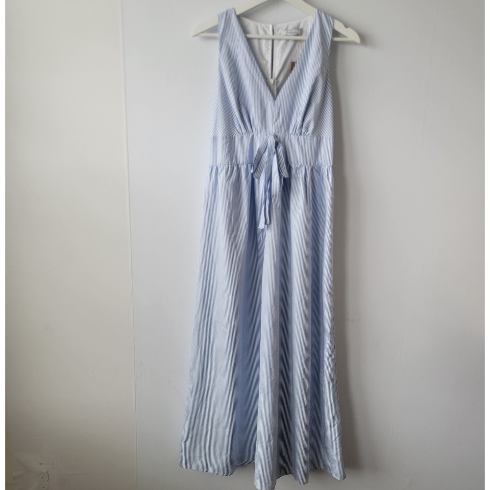 RIHOAS women's  The Blue V Neck Shirred Striped Maxi Dress size S sleeveless